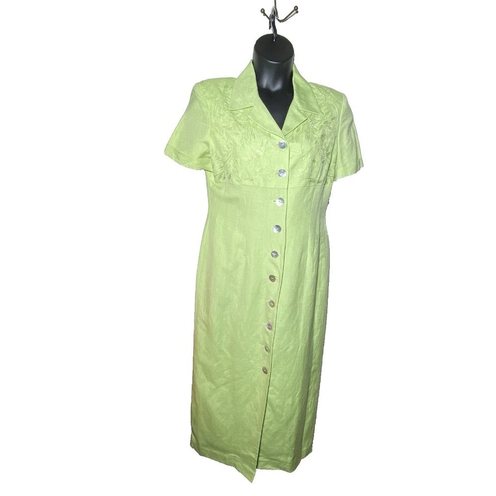 Vintage Womans Sage Maxi Dress Size 10 Linen Rayon MOP Buttons Cynthia Howie